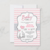 Invitation Cute Chevron rose Grey Elephant Baby shower FILLE (Devant)