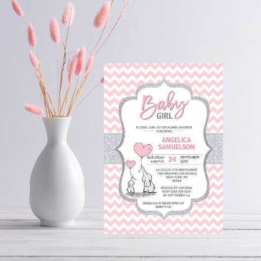 Invitation Cute Chevron rose Grey Elephant Baby shower FILLE