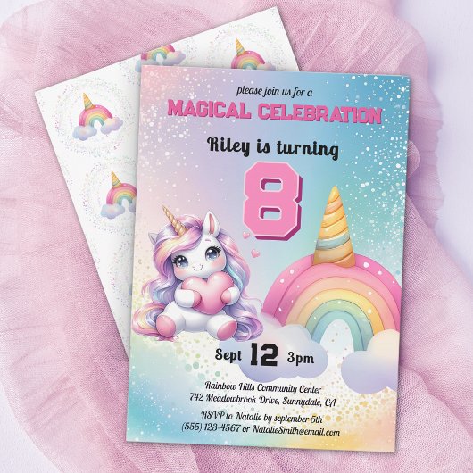 Invitation Cute Chibi Unicorn arc-en-ciel fête d'anniversaire