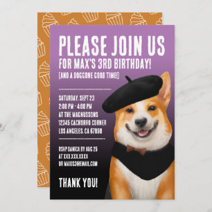 Invitation Cute Chic Corgi Chien Portant Beret & Bandana
