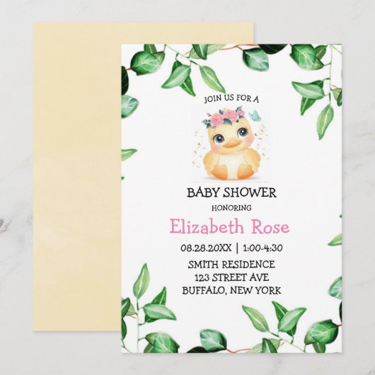 Invitation Cute Chic Duckling Green Ivy Baby shower Feuille (Devant / Derrière)
