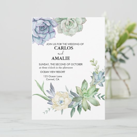Invitation Cute Chic Succulents Bleu Vert (Debout devant)