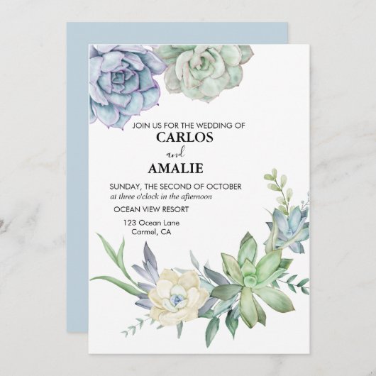 Invitation Cute Chic Succulents Bleu Vert (Devant / Derrière)