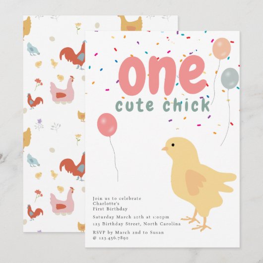Invitation Cute Chickens Hens Chick Girl First 1st Birthday (Devant / Derrière)