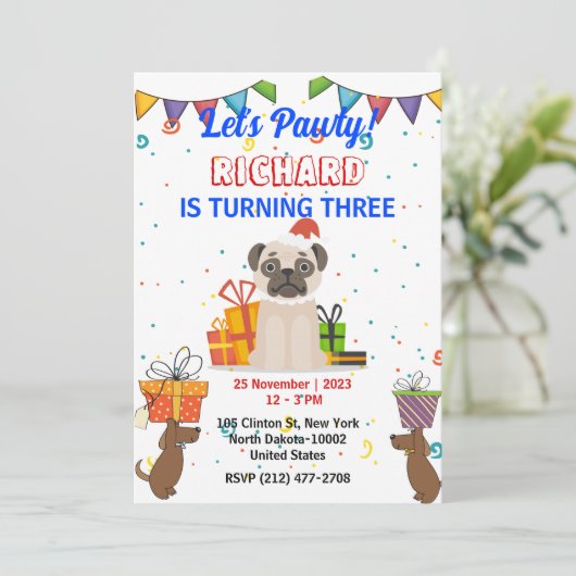 Invitation Cute Chien Chiot Puppy Theme Fête d'Anniversaire d (Debout devant)