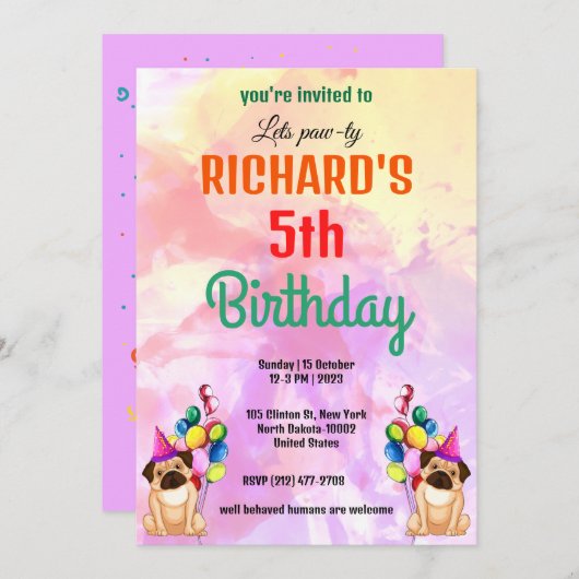 Invitation Cute Chien Chiot Puppy Theme Fête d'Anniversaire d (Devant / Derrière)