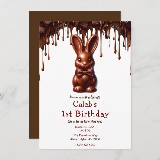 Invitation Cute Chocolate Bow Cravate Lapin de Pâques 1er ann (Devant / Derrière)