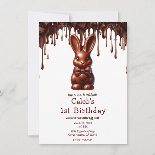 Invitation Cute Chocolate Bow Cravate Lapin de Pâques 1er ann (Devant)
