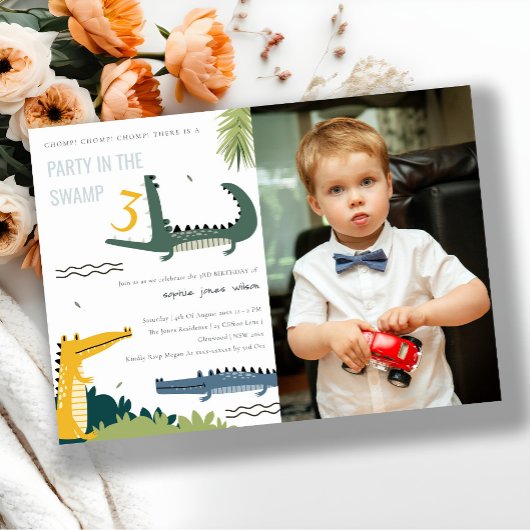 Invitation Cute Chomp Alligator Marais Enfants Photo Annivers