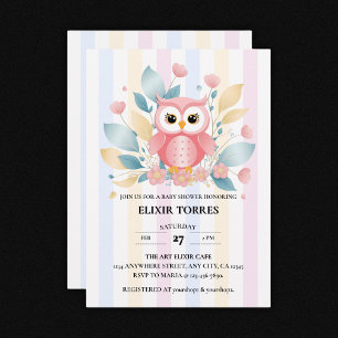 Invitation Cute Chouette rose Pastel Baby shower Floral Desig
