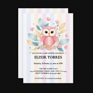 Invitation Cute Chouette rose Pastel Baby shower Floral Desig