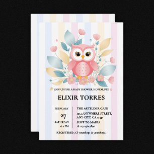 Invitation Cute Chouette rose Pastel Baby shower Floral Desig