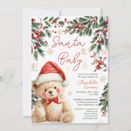 Invitation Cute Christmas Winter Teddy Bear Santa Baby Shower (Devant)