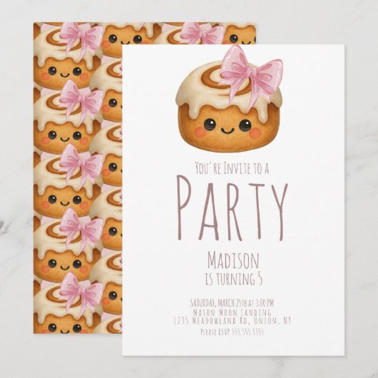 Invitation Cute Cinnamon Roll Bun Girl Birthday Party (Devant / Derrière)