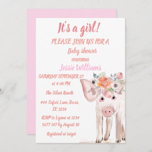 Invitation Cute Cochon Piglet Animaux de ferme Pink Baby Girl