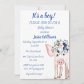 Invitation Cute Cochon Piglet Farm Animaux Bleu Bébé Garçon (Devant)