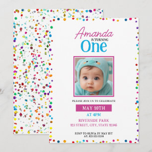 Invitation Cute Colorée Confetti Photo 1er Anniversaire