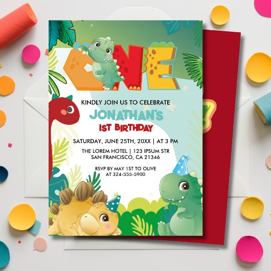 Invitation Cute Colorful Dinosaur Boys First Birthday 