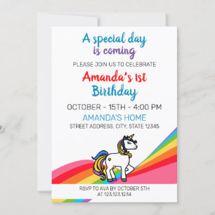 Invitation Cute Colorful Magique Arc-en-ciel Unicorn 1er anni