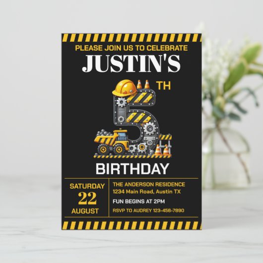 Invitation Cute Construction 5e fête d'anniversaire (Debout devant)