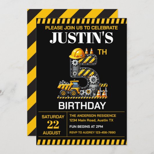 Invitation Cute Construction 5e fête d'anniversaire (Devant / Derrière)