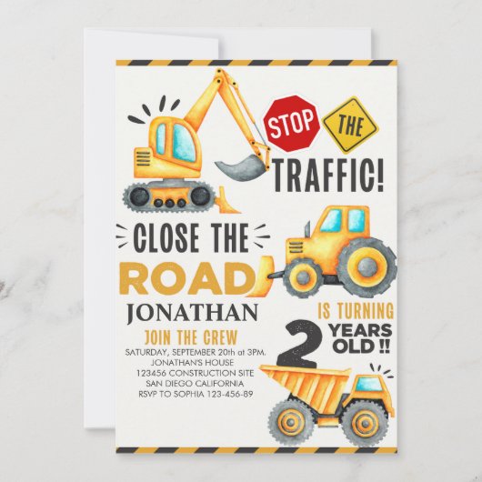 Invitation Cute Construction Birthday Party 2th Years (Devant)
