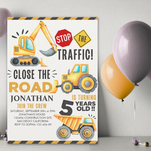 Invitation Cute Construction Birthday Party 5th Years