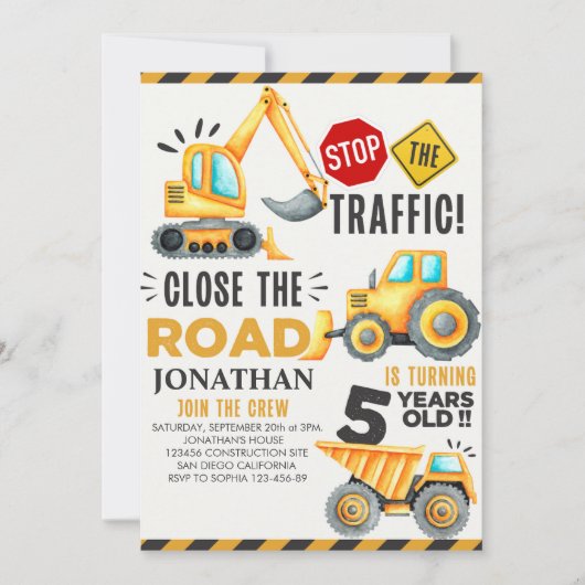 Invitation Cute Construction Birthday Party 5th Years (Devant)