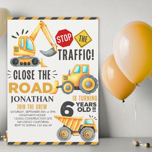 Invitation Cute Construction Birthday Party 6th Years