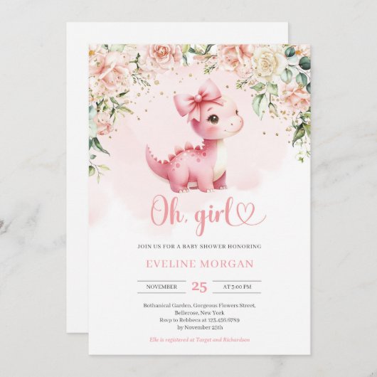 Invitation Cute coquette bébé dinosaure C'est une Fille flora (Devant / Derrière)