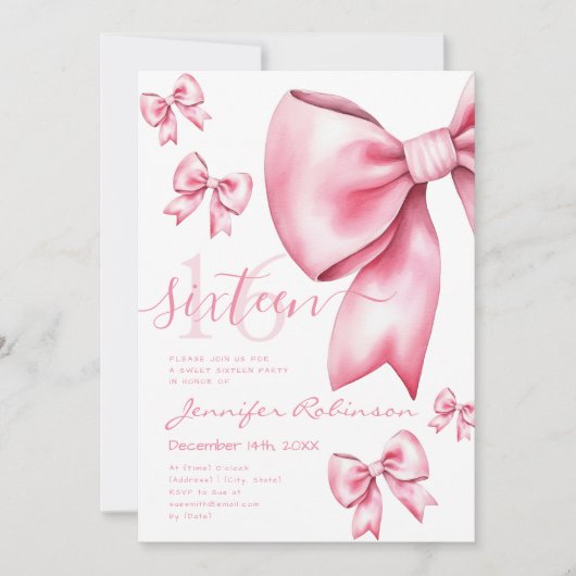 Invitation Cute Coquette Blush Pink Bow Sweet 16 (Devant)