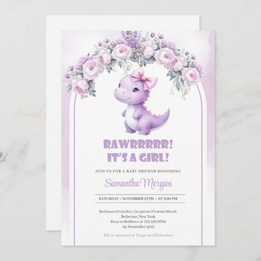 Invitation Cute coquette dinosaure fille violet peoné arc (Devant / Derrière)