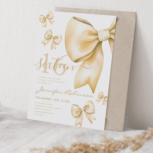 Invitation Cute Coquette Gold Bow Sweet 16 Anniversaire