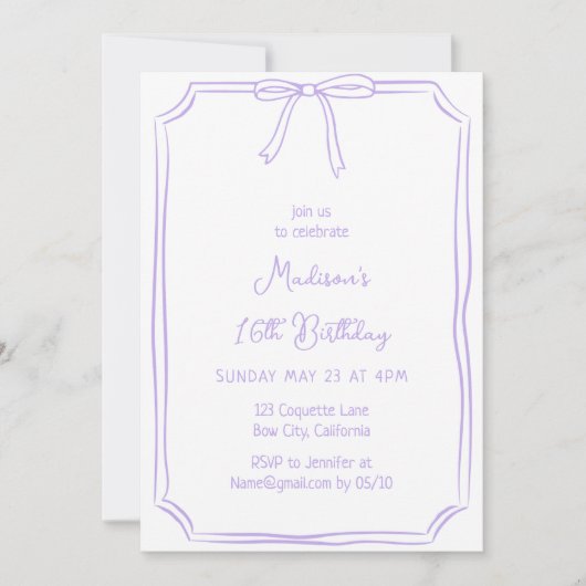 Invitation Cute Coquette Main Draw Bow Whimsical Anniversaire (Devant)
