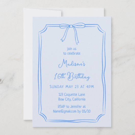 Invitation Cute Coquette Main Draw Bow Whimsical Anniversaire (Devant)