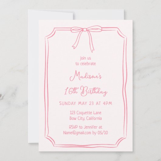 Invitation Cute Coquette Main Draw Bow Whimsical Anniversaire (Devant)