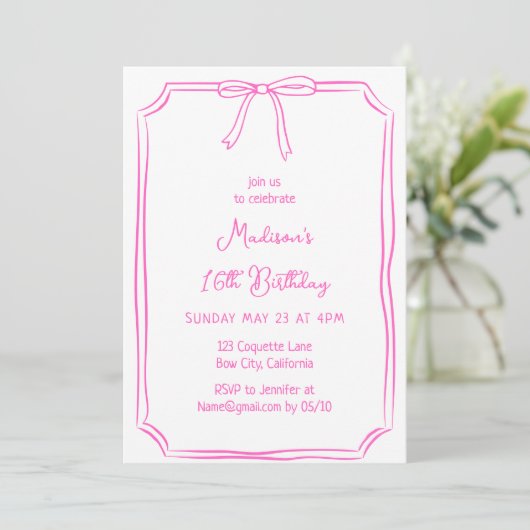 Invitation Cute Coquette Main Draw Bow Whimsical Anniversaire (Debout devant)