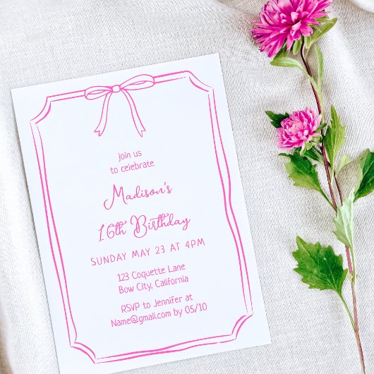 Invitation Cute Coquette Main Draw Bow Whimsical Anniversaire