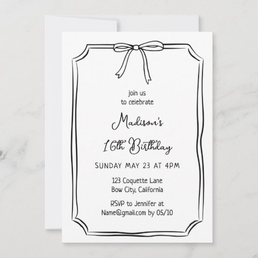 Invitation Cute Coquette Main Draw Bow Whimsical Anniversaire (Devant)
