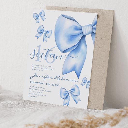 Invitation Cute Coquette Marine Bleu Bow Sweet 16