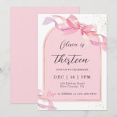 Invitation Cute Coquette Pink Gold Bow Girl Birthday (Devant / Derrière)