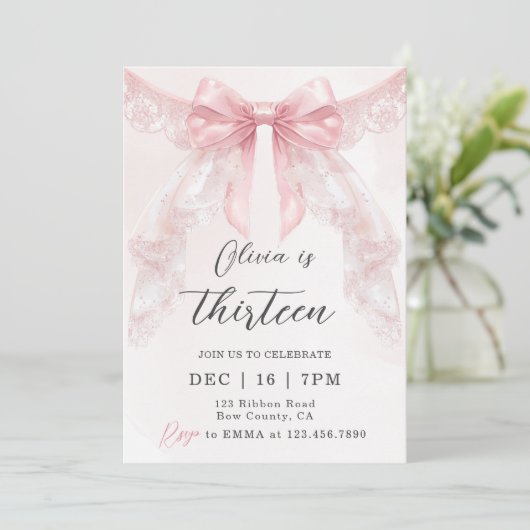 Invitation Cute Coquette Pink Lace Bow Girl Birthday (Debout devant)