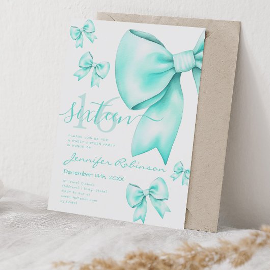 Invitation Cute Coquette Turquoise Bow Sweet 16