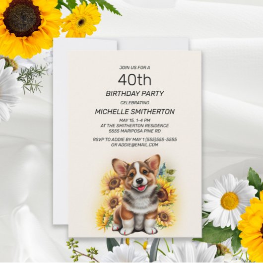 Invitation Cute Corgi Chien Tournesols 40e anniversaire