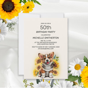 Invitation Cute Corgi Chien Tournesols 50e anniversaire