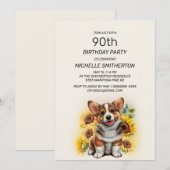 Invitation Cute Corgi Chien Tournesols 90e anniversaire (Devant / Derrière)