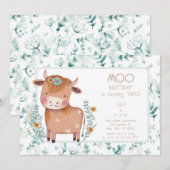 Invitation Cute Cow Boho Floral Deuxième anniversaire (Devant / Derrière)