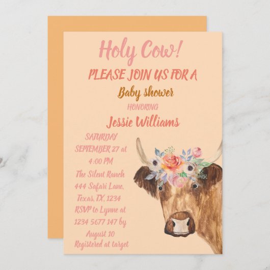 Invitation Cute Cow Boho Pays Bébé Fille Floral Occidental (Devant / Derrière)