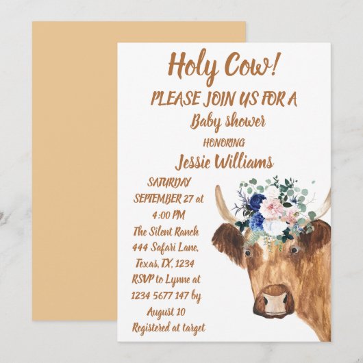Invitation Cute Cow Farm Pays Bébé Garçon Western Floral Boho (Devant / Derrière)