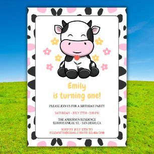 Invitation Cute Cow Imprimer Rose & Black Girl Anniversaire F
